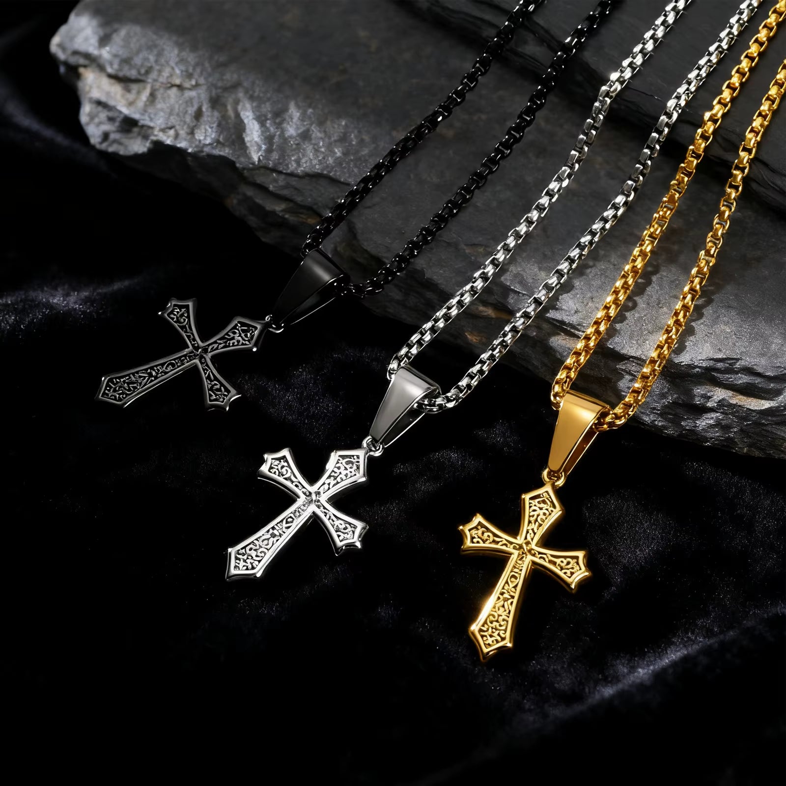 Hip Hop Cross Necklace for Men Women,50/55/60Cm Stainless Steel Chic Cross Pendant,Christian Classic Jewelry Gifts