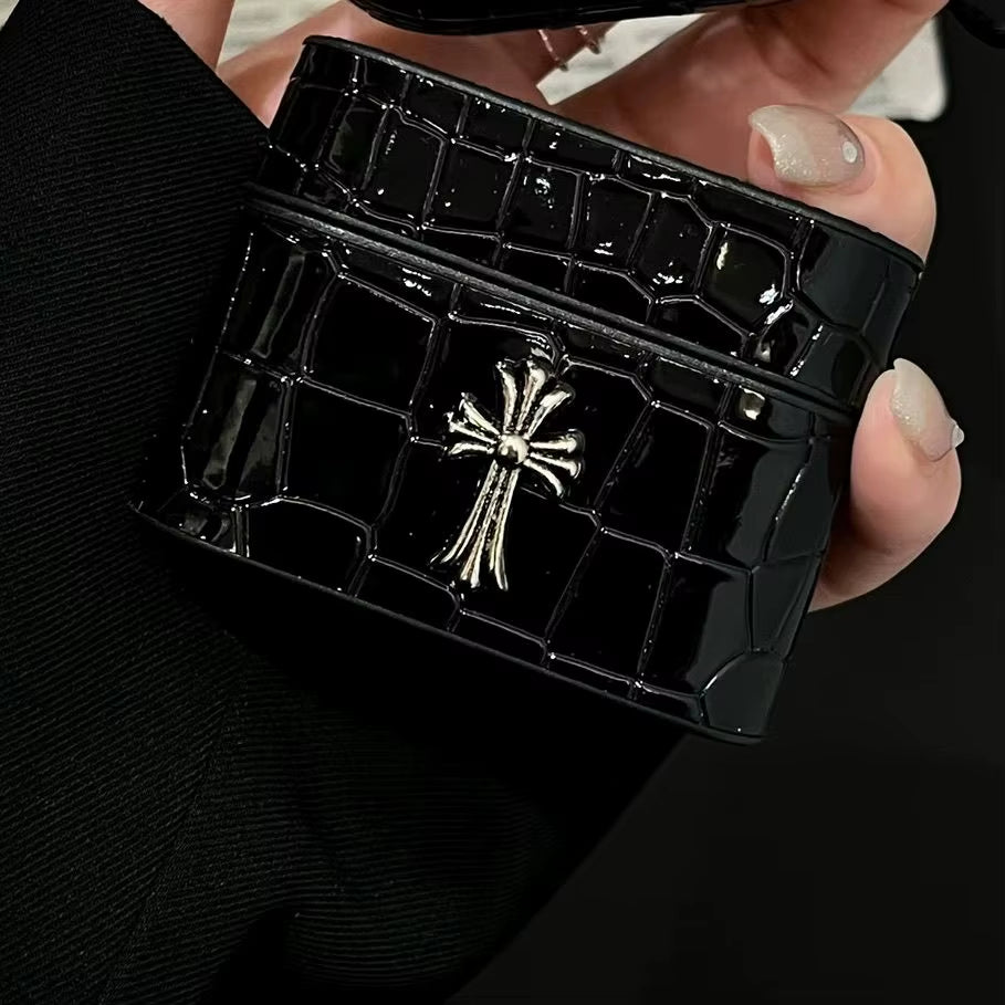 High-End Busines Sle Crocodile Pattern Leather Cross Heart Case for Airpod Air1/2 Airpod Pro1 2 3 4 Headphone Case with Keychain