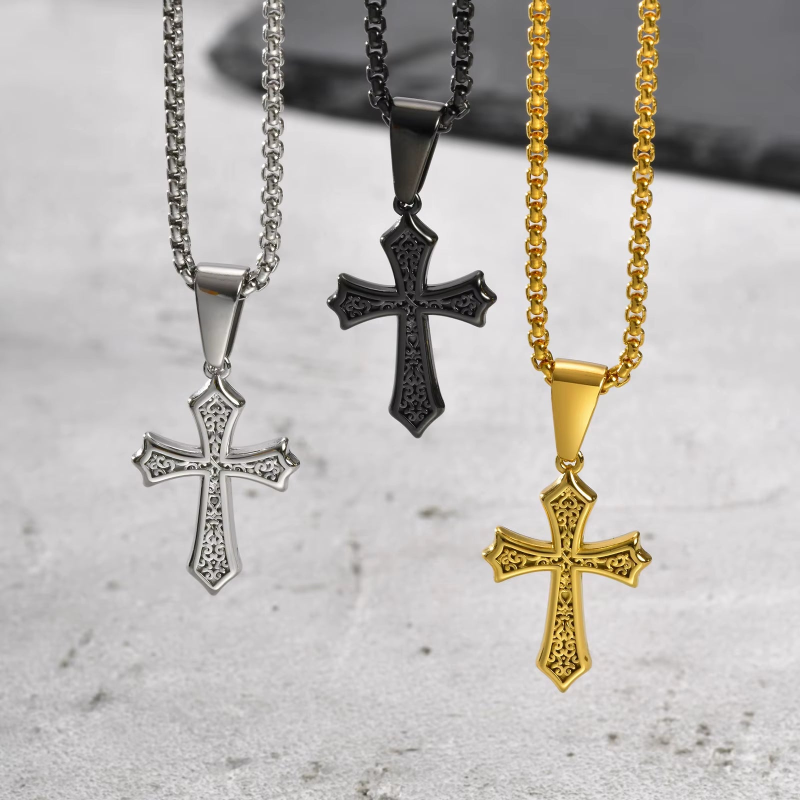 Hip Hop Cross Necklace for Men Women,50/55/60Cm Stainless Steel Chic Cross Pendant,Christian Classic Jewelry Gifts
